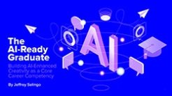 Bright blue background with abstract illustrations of talk bubbles, and title The AI-Ready Graduate