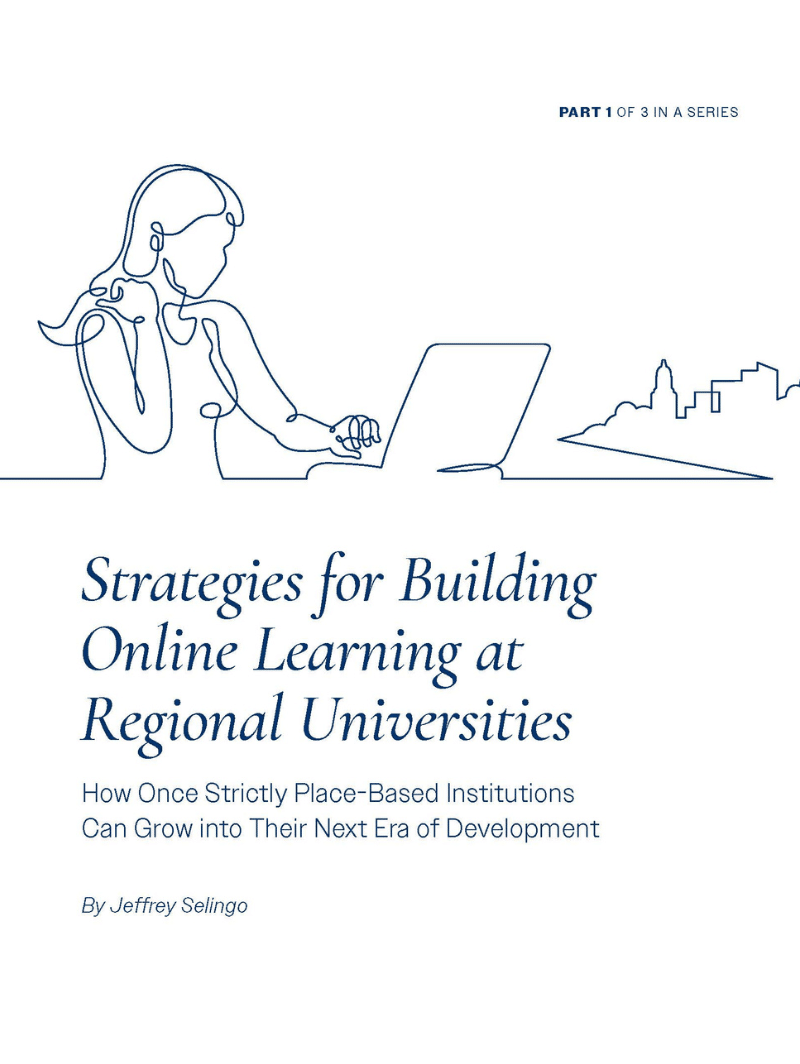 Line drawing of a student working at a laptop, and the title Strategies for Building Online Learning at Regional Universities