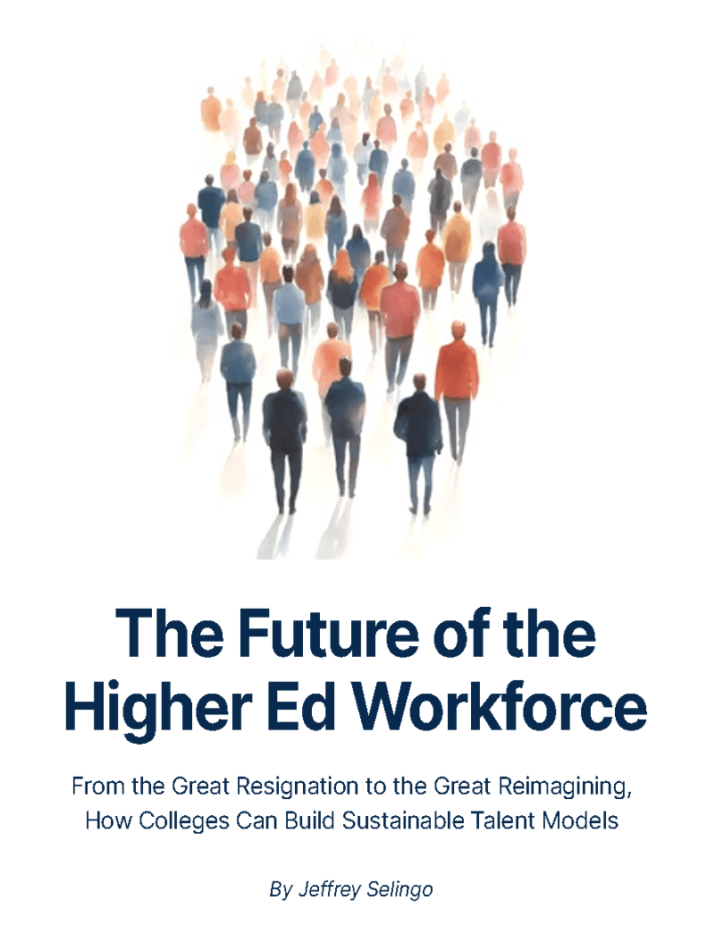 Illustration of a crowd of people in shades of brown, blue and grey, with title The Future of the Higher Ed Workforce