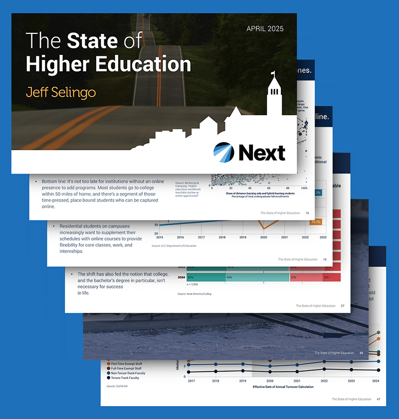 Cover slide of a report deck with title The State of Higher Education, plus five slides fanned out beneath the cover.