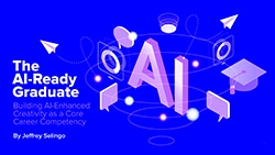 Bright blue background with abstract illustrations of talk bubbles, and title The AI-Ready Graduate