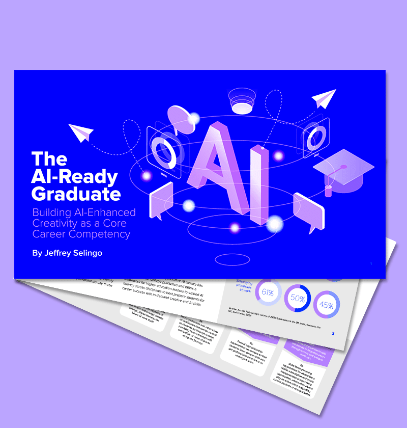 Horizontal cover page in bright blue, with two interior pages of the white paper fanned out behind the cover.